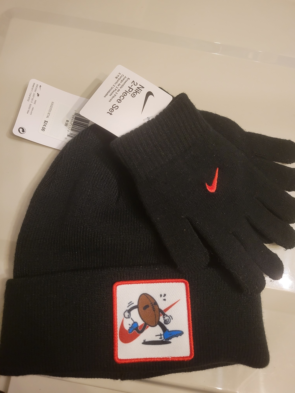 Boys' Nike Black Beanie and Gloves Set with Red Accents